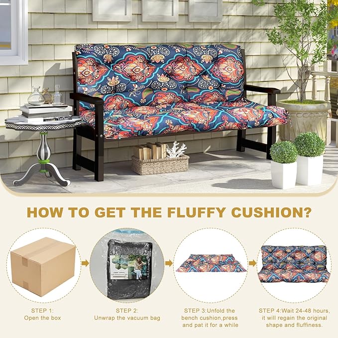 60" Porch Swing Cushion with Backrest, Waterproof Outdoor Bench Swing Cushions 3 Seater Replacement Thickened Swing Cushions with Ties for Patio Garden Backyard,Bohemian,60x40in