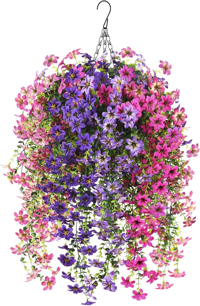 INQCMY Artificial Fake Hanging Plants Flowers Basket for Spring Outdoor Outside Decoration,UV Resistant Faux Silk Flower in Planter for Home Patio Porch Balcony Garden Yard Decor(Mixed Color)