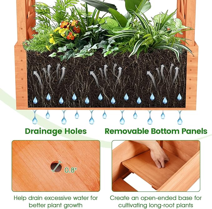 HAPPYGRILL Raised Garden Bed with Trellis, Wood Elevated Garden Bed with Hanging Roof, Planter Box, Drainage Holes for Climbing Plants, Flowers, Vegetables, 31" L x 14" W x 60" H