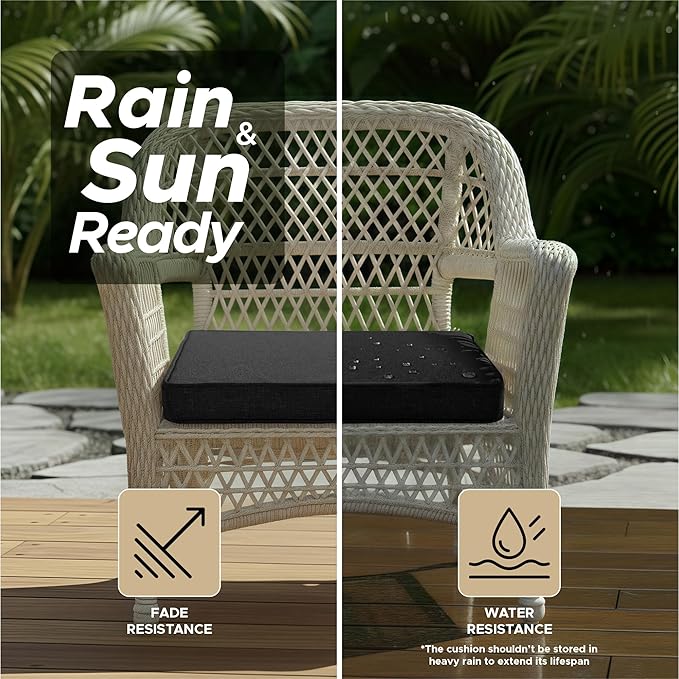 Outdoor Chair Cushions, Water-Resistant & Fade-Resistant, Patio Furniture Square Seat Replacement Chair Pads with Ties Zipper, Removable Cover, Non-Slip Bottom, Set of 4, 24 x 24 Inch, Black