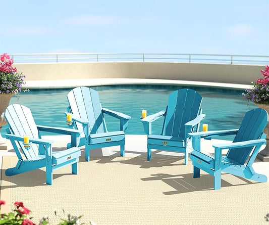 SERWALL Foldable Adirondack Chair Set of 4 for Patio Garden Outdoors- Aruba Blue