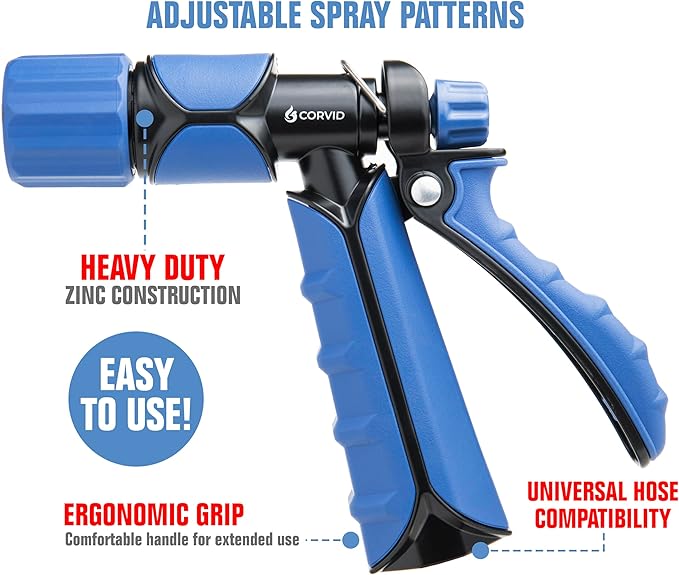 5-Pack Corvid Heavy Duty Rear Trigger Adjustable Spray Hose Nozzle – Durable Zinc Construction with Adjustable Stream Control – Ideal for Car Washing, Lawn & Garden, and Outdoor Cleaning Tasks