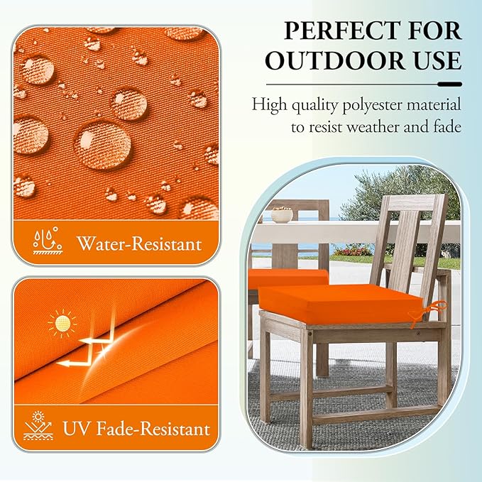 Wellsin Outdoor Chair Cushions for Patio Furniture - Outdoor Cushions for Chairs - Water Resistant Patio Chair Cushions Set of 4, 18.5"X16"X3", Orange