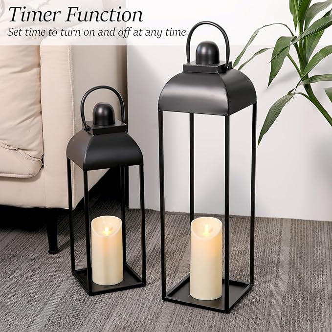 25'' 19'' Lanterns Decorative Outdoor Indoor, Black Metal Outdoor Candle Lanterns, Set of 2 Modern Farmhouse Decorative Lantern for Fireplace, Patio, Porch, Floor, Christmas Lantern (No Glass)