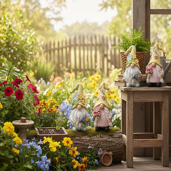 Cute 2 PCS Gnomes Statues Decor, Resin Figurines and Sculpture Décor, for Indoor Outdoor Yard Lawn Garden Home Patio Farmhouse Kitchen Table Decoration(Watering Can and Flower)