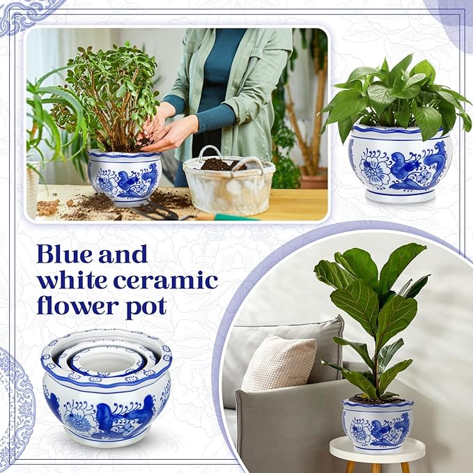 Set of 3 Blue and White Porcelain Flower Pots 7.2'' 6'' 4'' Decorative Chinoiserie Plant Pots with Drainage Hole Saucers Ceramic Planters for Indoor Garden(Elegant Style)
