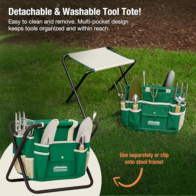 GardenHOME 7-Piece Green Gardening Tool Set – Stainless Steel Tools with Wooden Handles, Folding Stool & Canvas Tote, Durable Garden Kit for Women and Beginners