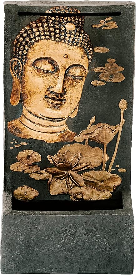 XBrand Polystone Indoor Outdoor Relaxing Zen Buddha Face Wall Water Fountain with Pump and Splash Guard, Wall-Mounted Fountains, Home Garden Patio Backyard Decor, Bronze and Natural Stone Finish
