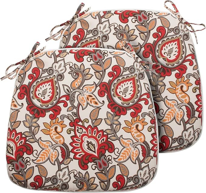 Magpie Fabrics Outdoor/Indoor 17"x16"x2" Chair Cushions with Ties Set of 2, Waterproof All Weather U-Shape Seat Pads Decoration for Patio Garden Furniture Home Office (Botanical Red Orange)