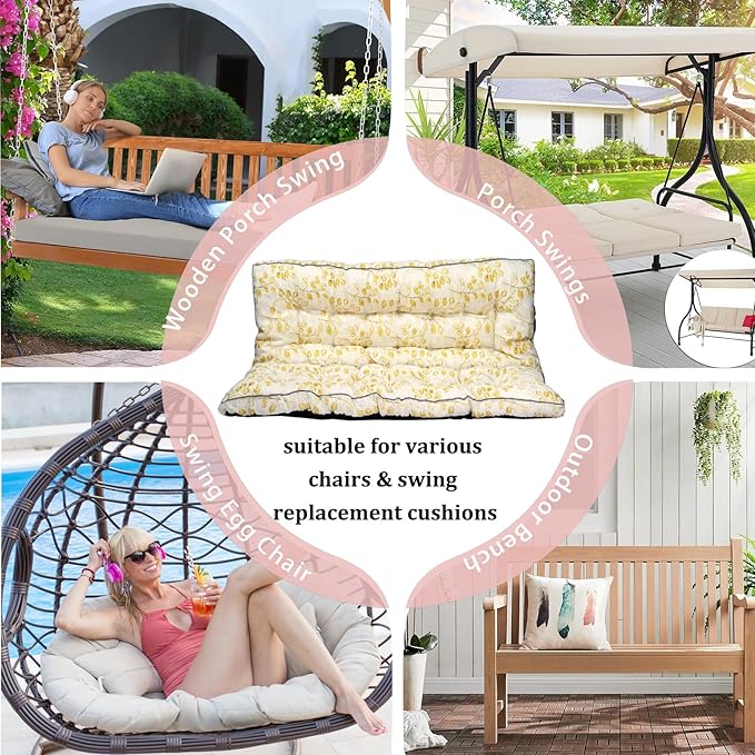 2-3 Seat Swing Replacement Cushion, Outdoor Bench Cushions with Backrest Thicken 4", Patio Furniture Garden Porch Loveseat Glider Pad Anti-Fading Waterproof (Yellow Leaf, 40x63in-thicken)
