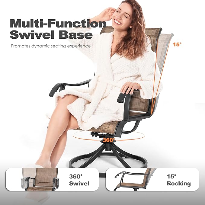 NUU GARDEN Patio Swivel Chair Set of 2, Outdoor Swivel Rocker Dining Chairs with All-Weather Textilene High Back and Metal Frame for Backyard Deck Lawn Garden, Brown
