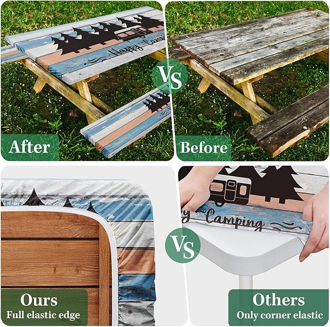 Picnic Table Cover with Bench Covers Elastic Edges, Blue Camper Fitted Table Cover, Outdoor Patio Camping Essentials 72 Inch 3PCS, Waterproof Camping Fitted Tablecloth with Drawstring Bag