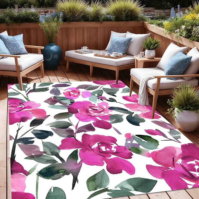 Floral Textured Modern Farmhouse Waterproof Outdoor Area Rug for Patio Deck Porch Balcony Ultra Pink White Garden Washable Outside Large Carpet Home Entrance Hallway Non Slip Mat 10x12