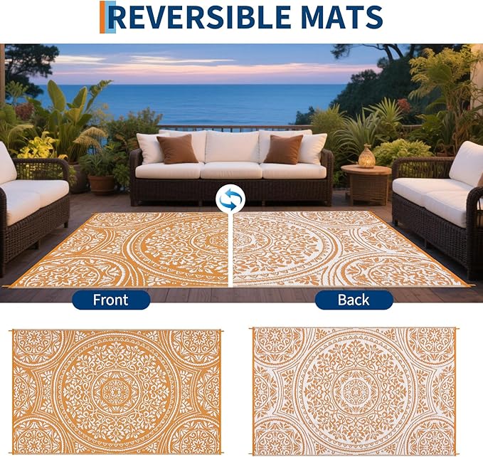 9x12 Outdoor Rug Waterproof Foldable Plastic Straw Carpet for Patio Porch Boho Floral Reversible Mat Lightweight Floor Mat for Picnic, Backyard, Rv, Beach, Deck, Camper, Balcony，Orange