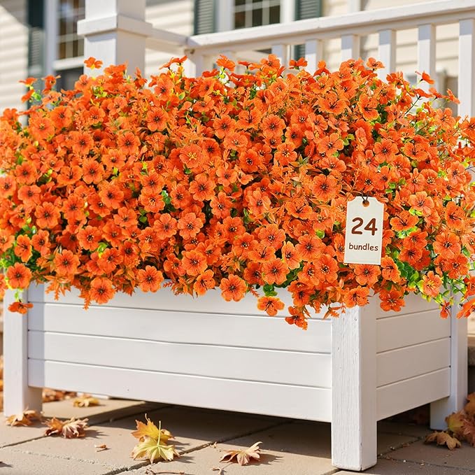 SHareconn 24 Bundles Artificial Flowers for Outdoors Decoration, Faux Plants Fake Silk Colorful Daisy Eucalyptus Lavender, UV Resistant for Outside Home Porch Patio Indoor Spring Decor, Orange
