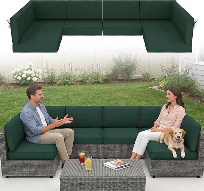 14 Pcs Outdoor Replacement Cushions for Patio Furniture, All Weather Water Resistant Cushion for 6 Seat Rattan Wicker Sectional Patio Conversation Sets and Couch (Dark Green)