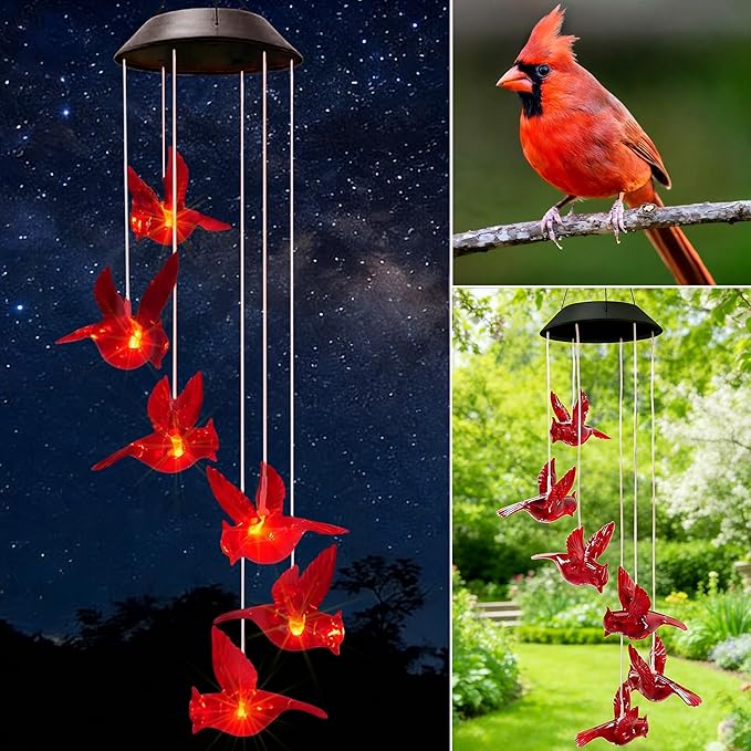 Cardinal Solar Wind Chimes for Outside,2PK Cardinal Gifts for Women Mom Mother,Solar Red Bird Memorial Wind Chimes,Solar Powered Wind Chime Waterproof,Red Bird Decor for Garden Patio Outdoor Porch