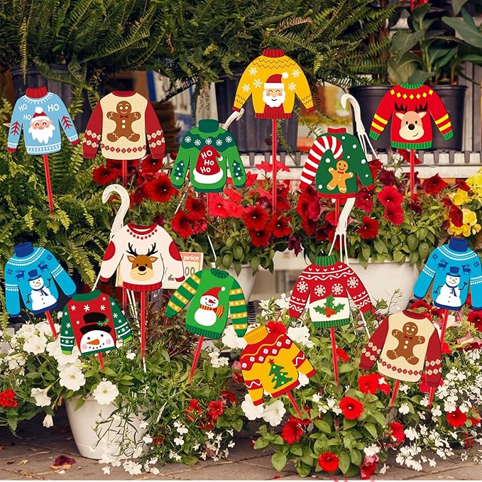 Zonon 12pcs Winter Garden Decorations Winter Snowflake Metal Planter Stakes for Patio Lawn Planter Pot Xmas Nutcracker Gingerbread Yard Stake Signs Outdoor Lawn Decor Party Favor(Ugly Sweater)