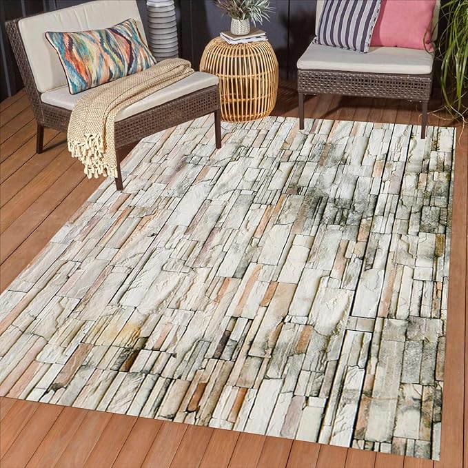 Natural Rustic Brick Stone Wall Pattern Outdoor Rug 5x8 Beige Grey Distressed Stones Texture Waterproof Large Area Rug for Patio Deck Porch Balcony Backyard Camping Washable Foldable Thin Carpet Mat