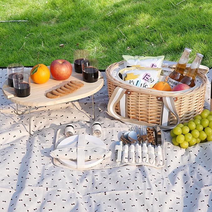 Picnic Basket Set for 4 - Wicker Insulated Picnic Basket with Waterproof Blanket, Folding Wine Picnic Table & Cutlery Kits, Picnic Baskets Kit for Camping, Outdoor, Valentine (Cherry)