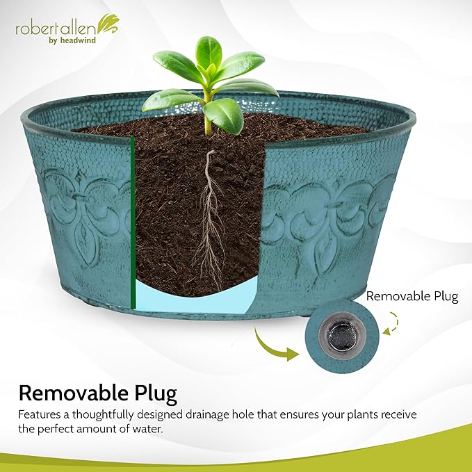 Headwind Ironlite Fleur De Lis Collection – 8" Surf Blue Bowl Decorative Planter with Drain Plug – Lightweight Metal Garden Pots for Indoor & Outdoor Planters Use by Robert Allen