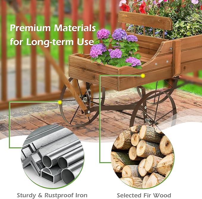 Wooden Wagon Planter with Wheels, Indoor/Outdoor Flower Cart w/Dual-Compartment & Adjustable Handle, Decorative Garden Planter for Home, Yard, Wedding (Brown)