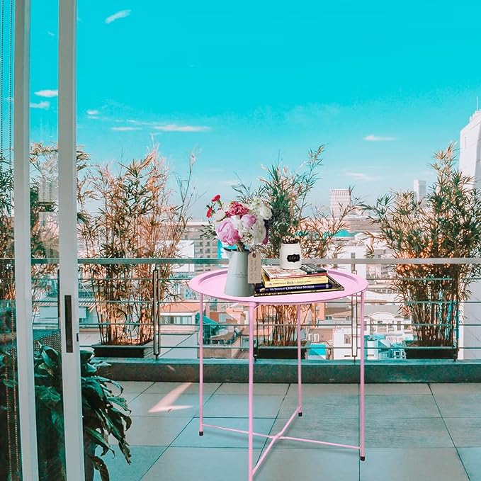 Garden 4 you End Table Metal Side Table Pink Round Folding Tray Cyan Sofa Small Accent Fold-able Table, Round End Table Tray, Next to Sofa Table, Snack Table for Living Room and Bed Room