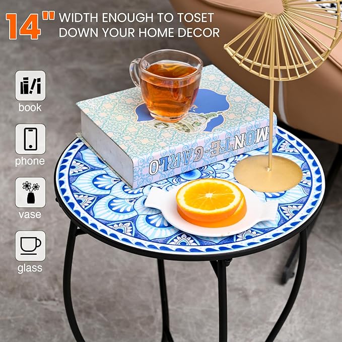 Patio Side Tables, 14" Indoor Outdoor Metal Side Table for Poolside Bistro Balcony Yard Porch Bedside, Weather Resistant Metal Accent Table for Indoor Outdoor Use, Easy Assembly
