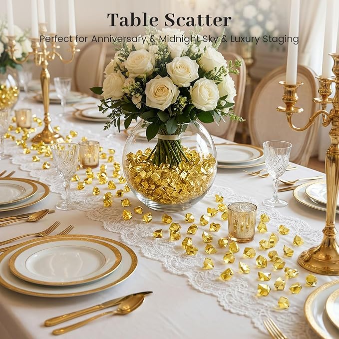 DomeStar 150PCS Gold Acrylic Ice Rocks – Faux Gold Gems Nuggets Vase Fillers for Christmas Centerpieces, Glitter Party Decorations, DIY Crafts & Table Scatter