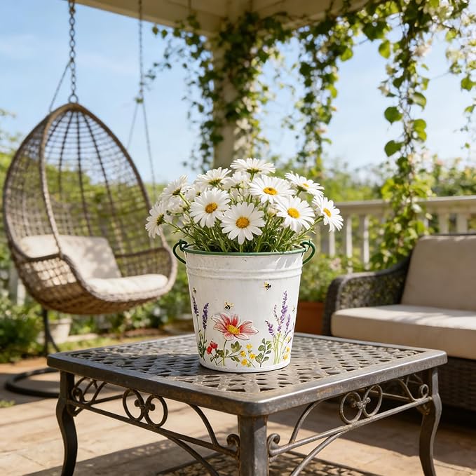 3-Piece Floral Metal Planter Bucket Set - Rustic Lavender Decorative Flower Pots for Succulents, Herbs & Indoor/Outdoor Garden, Flower Arranging, Wedding Party Home Decor Accents