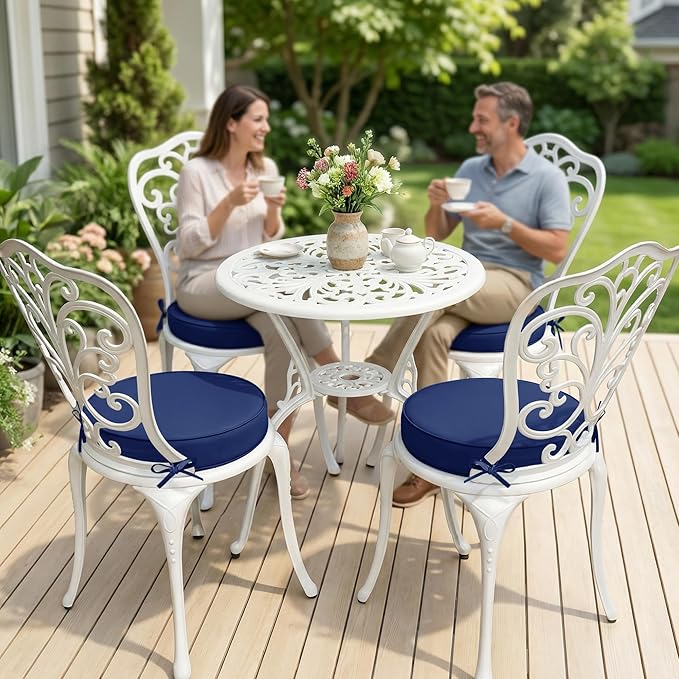 Outdoor Bistro Chair Cushions Set of 4, 15" D x 3" H Round Chair Cushions Waterproof and Fade Resistant Chair Cushion Pads with Non-Slip Ties and Removable Covers for Garden, Navy Blue
