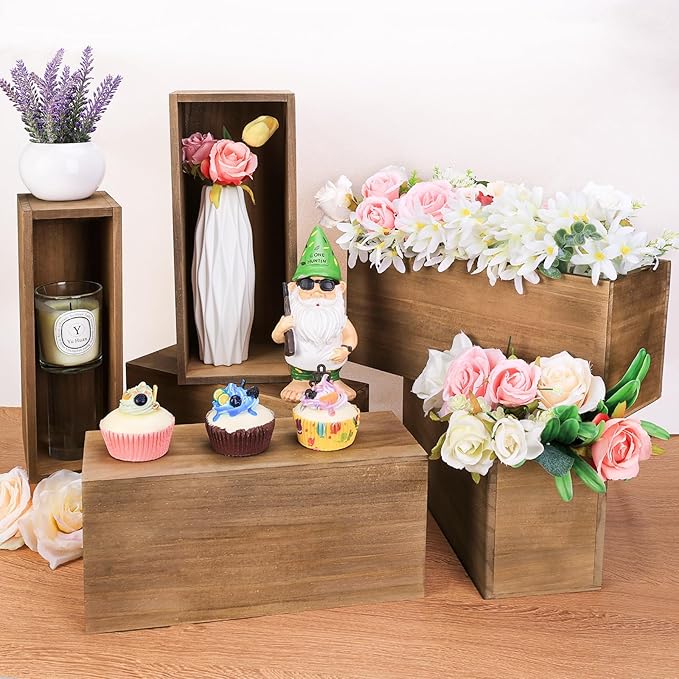 6 Pcs Rustic Wooden Boxes for Storage, Decorative, Display, Arts & Crafts, Rectangle Wooden Crate Wood Planter Box Party Food Risers Wedding Table Centerpiece Home Decor, Brown