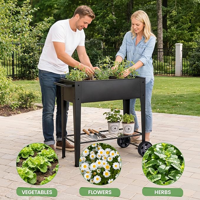 Tall Raised Garden Bed Outdoor with Wheels, Metal Elevated Raised Planter Box with Drainage Holes for Vegetables, Flower, Herbs(Black)