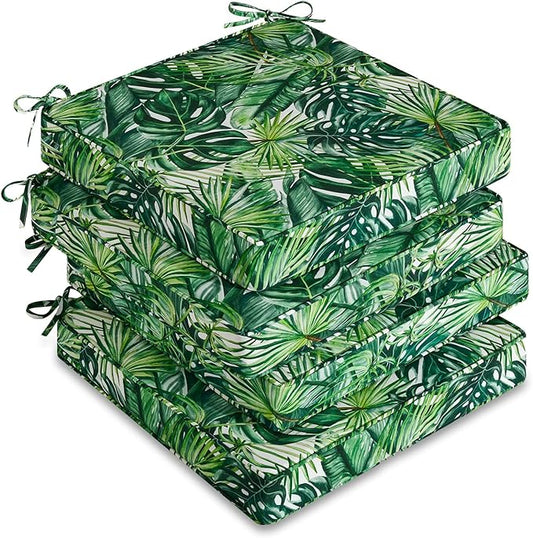 downluxe Outdoor Chair Cushions Set of 4, Waterproof 19" x 19" x 3" Patio Chair Cushion with Non-Slip Ties & Handle, Square Outdoor Cushion for Patio Furniture with Removable Cover, Palm Leaves