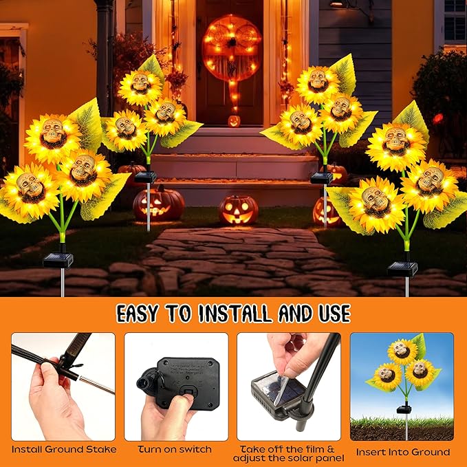Halloween Decorations Outdoor, 2 Pack Solar Scary Skull Sunflowers Lights,Waterproof Solar Flowers Lights Garden Decor for Halloween Yard Patio Lawn Party Decor