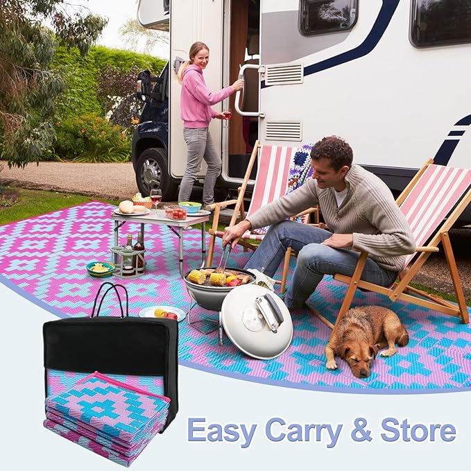 Wonnitar 8x10 Outdoor Rug, Large Waterproof Reversible Plastic Straw Rug for Patios, Indoor/Outdoor Area Rug Lightweight Camping Rug for Outside RV Balcony Garden Deck, Blue/Purple