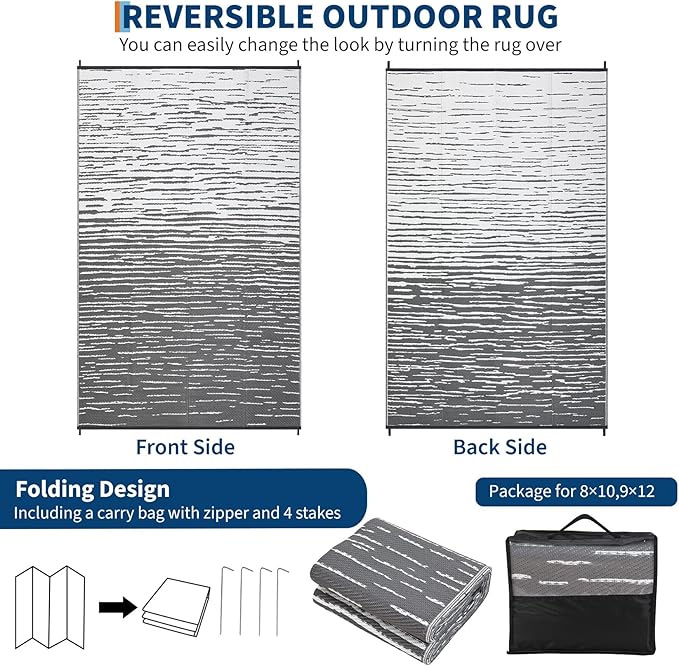 9x12 Outdoor Rug Waterproof Foldable Plastic Straw Carpet for Patio Porch Abstarct Line Reversible Mat Lightweight Floor Mat for Picnic, Backyard, Rv, Beach, Deck, Camper, Balcony，Grey