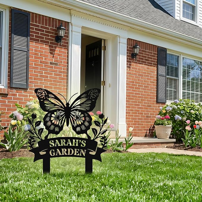 Custom Metal Butterfly Garden Sign with Stake, Personalized Garden Signs for Outside, Customized Garden Name Signs for Yard Lawn Outdoor Decor Gardening Gifts for Moms Grandmas Gardeners