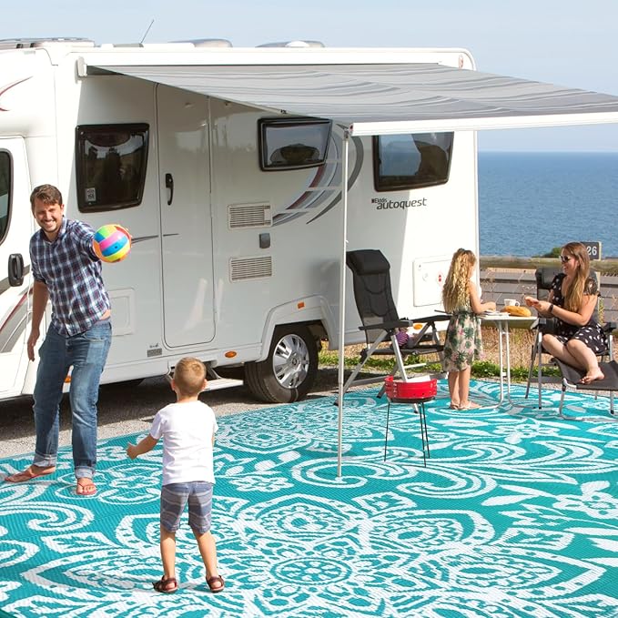 Findosom Waterproof Outdoor Rug 8' x 10' - Reversible Mandala Outdoor Plastic Straw Rug, Durable Foldable Patio Rug for RV, Deck, Balcony, Backyard, Picnic, Porch, Camping, Beach, Blue