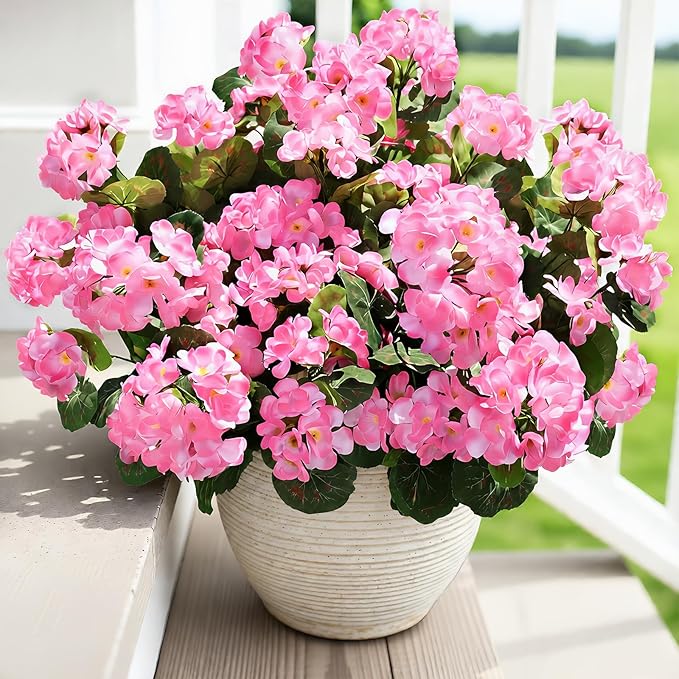 famibay Artificial Flowers for Outdoor Indoor Garden Home Decoration, 8 Bundles Silk Geraniums UV Resistant Look Real Faux Plants for Front Door Porch Planter Urn Patio Garden,Pink