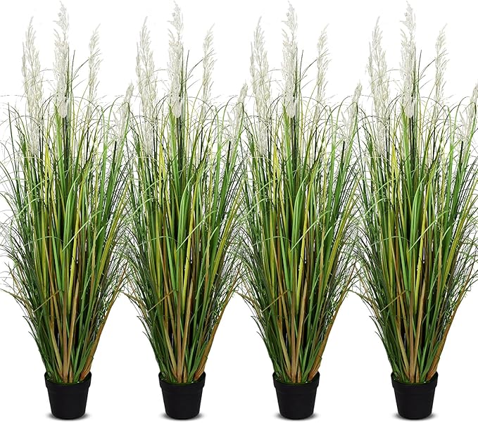 4 Pcs Tall Artificial Grass Plant 4 ft Large Fake Pampas Outdoor Faux Floor Plant in Pot UV Resistant for Housewarming Gift Front Porch Patio Garden