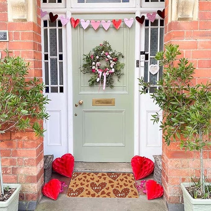 Valentines Welcome Mats for Front Door, Indoor, Outdoor Entrance, Red Love Decor Seasonal Anniversary Wedding Faux-Coir Porch Thin Doormat, Non-Slip Heart-Rug 17"x30" Low-Profile Dirt-Trapping Mat