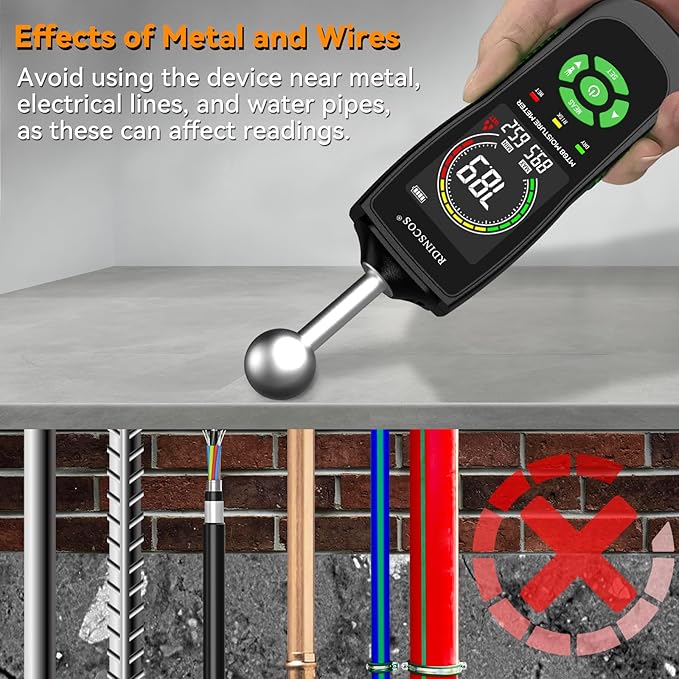 RDINSCOS Ball Probe Moisture Meter Non-Invasive Digital Moisture Detector with 40 mm Depth, Flashlight, LCD Display