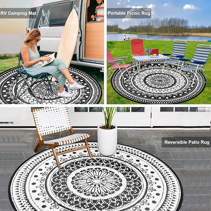 Cekene Round Outdoor Rugs Waterproof 5Ft Reversible Outdoor Patio Rugs Lightweight Plastic Straw Rugs Portable RV Camping Mat Floor Carpet for Deck Porch Picnic, Black and White
