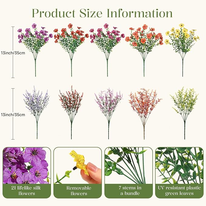SHareconn 24 Bundles Artificial Flowers for Outdoors Decoration, Faux Plants Fake Silk Colorful Daisy Eucalyptus Lavender, UV Resistant for Outside Home Indoor Spring Decor, RedRosyPurpleYellowOrange