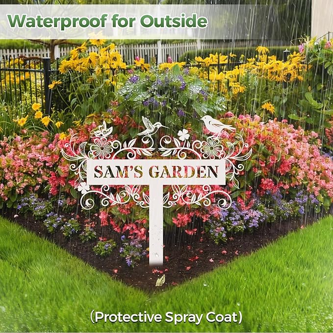 Personalized Metal Garden Sign, Custom Flower Decor with Stake, Hummingbid Metal Yard Art, Garden Name Sign,Outdoor Decor,Patio Decoration,Home Present,Gardeners & Planters Gift