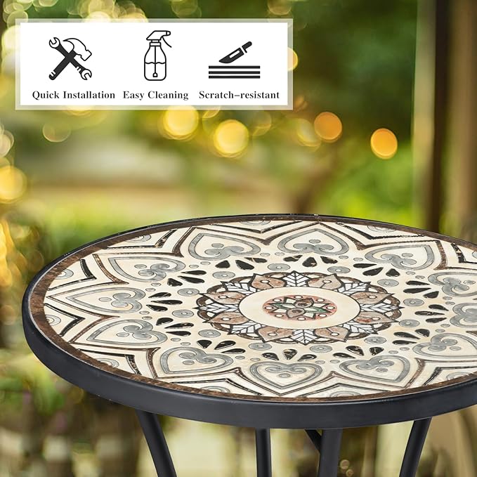 Vipush Mosaic Outdoor Side Table, 14" Round Folding Plant Stand for Patio Garden Backyard Balcony Porch Indoor Accent End Table for Living Room, Ceramic Tabletop with Black Iron, Melard