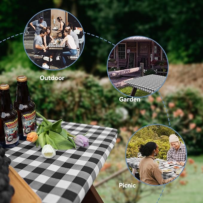 Picnic Table Cover and Bench Covers, Fitted Tablecloth Cover with Elastic Edge, Water and Oil Proof, for Outdoor, Garden, Camping, 72x28 Inch, 3 Pieces Set, Black & White