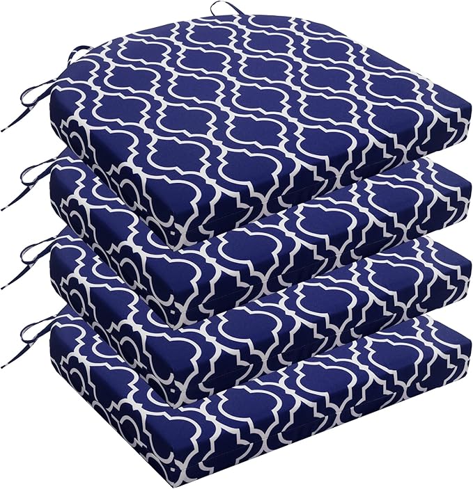 Wellsin Outdoor Chair Cushions for Patio Furniture - Patio Chair Cushions Set of 4 - Water Resistant Round Corner Outdoor Seat Cushions 17"X16"X2", Trellis Navy