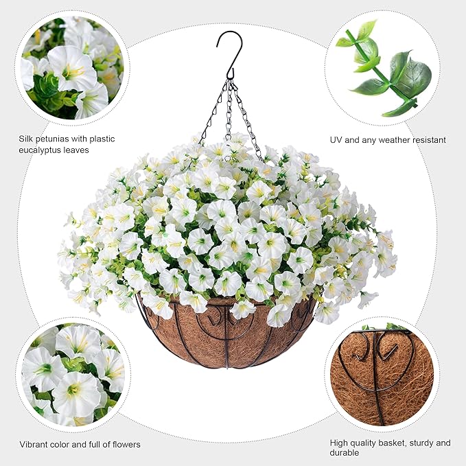 2 Set Artificial Hanging Flowers Baskets for Outdoors Faux Spring Plants, 24 Pcs UV Resistant Faux Silk White Morning Glory with 2 Outdoor Hanging Planters Realistic for Outside Porch Patio Decor